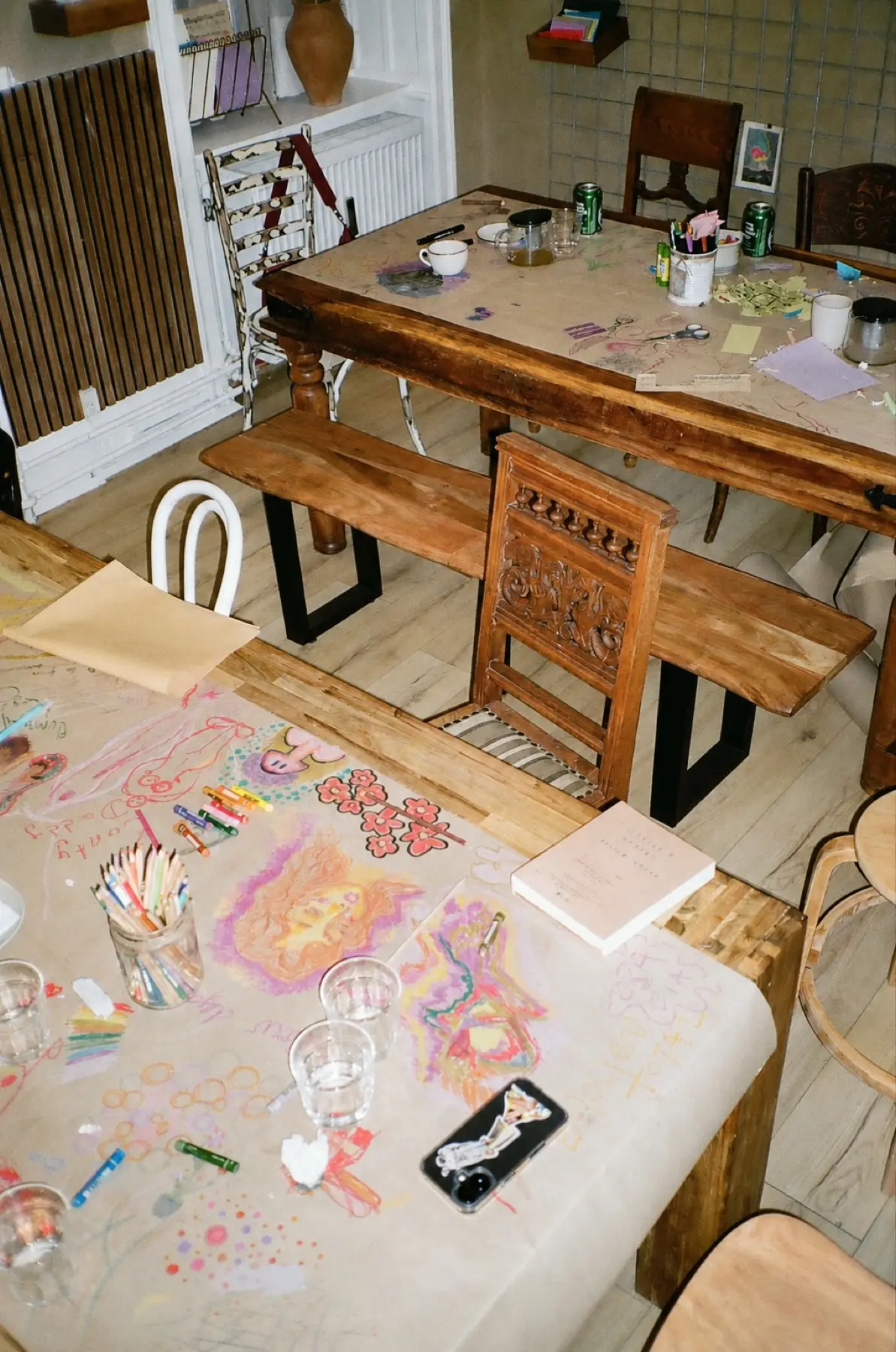 A craft table covered in dyeing materials